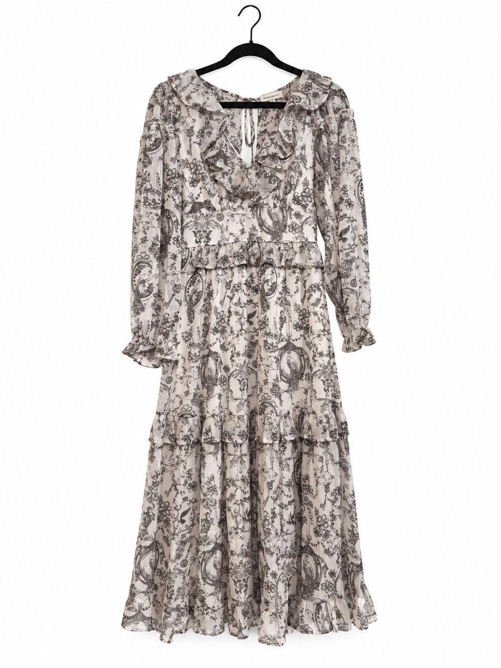 Francesca’s Ivory Black Toile Ruffle Maxi Dress Cottagecore M